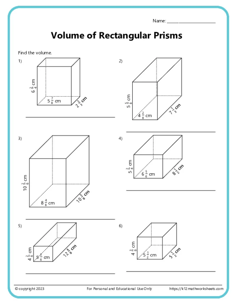 Worksheet for calculating the volume of rectangular prisms and cubes with fractions for sixth graders