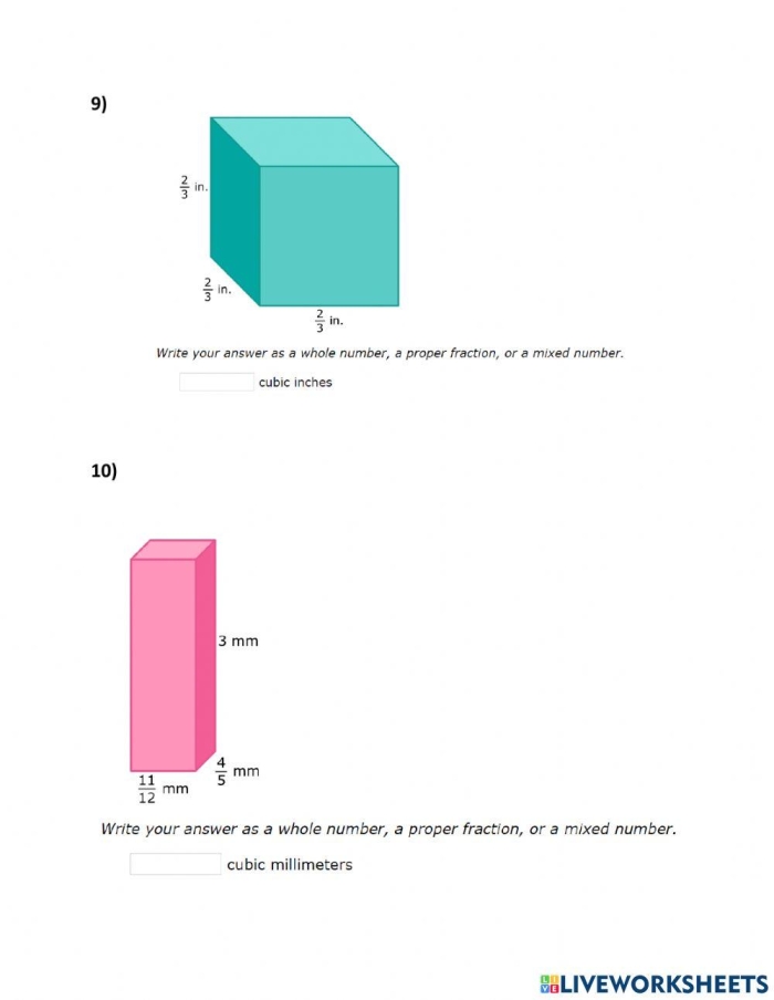 Volume of Prisms With Fractions Practice Problem Set 13 A sixth-grade student solving volume problems for rectangular prisms with fractional measurements on a geometry worksheet
