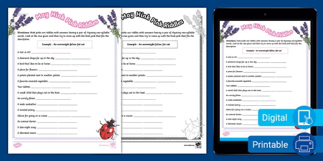 Spring-themed hink pink riddles worksheet for sixth graders focusing on geometry