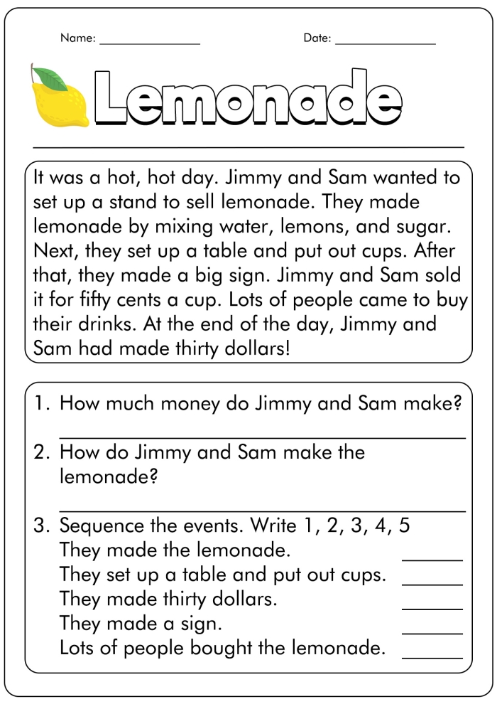 Worksheet for Extended Reading Comprehension focusing on Geometry for sixth graders. Visual representation of a two-page story and corresponding questions to enhance reading skills.