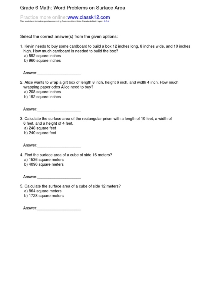 Engaging surface area word problems worksheet for physical science students Worksheet featuring surface area word problems for sixth graders to enhance geometry skills