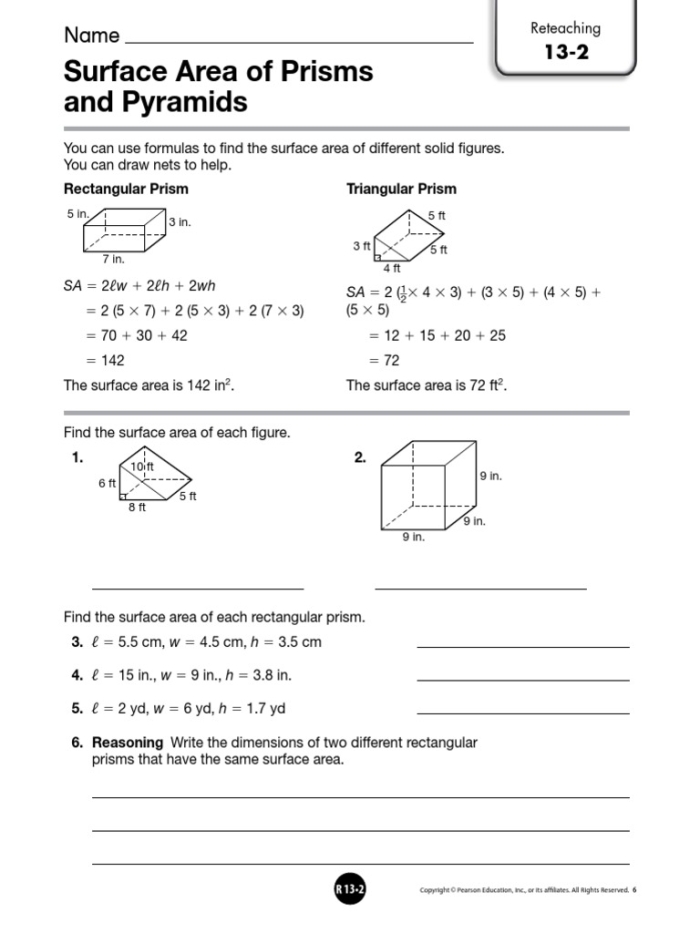 Sixth grade math worksheet showing geometry problems for calculating the surface area of prisms and pyramids