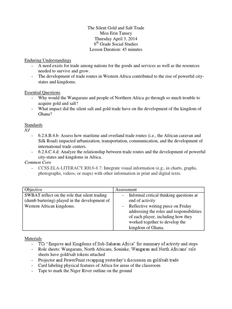 Sixth grade worksheet featuring a historical reading passage on the ancient West African gold and salt trade