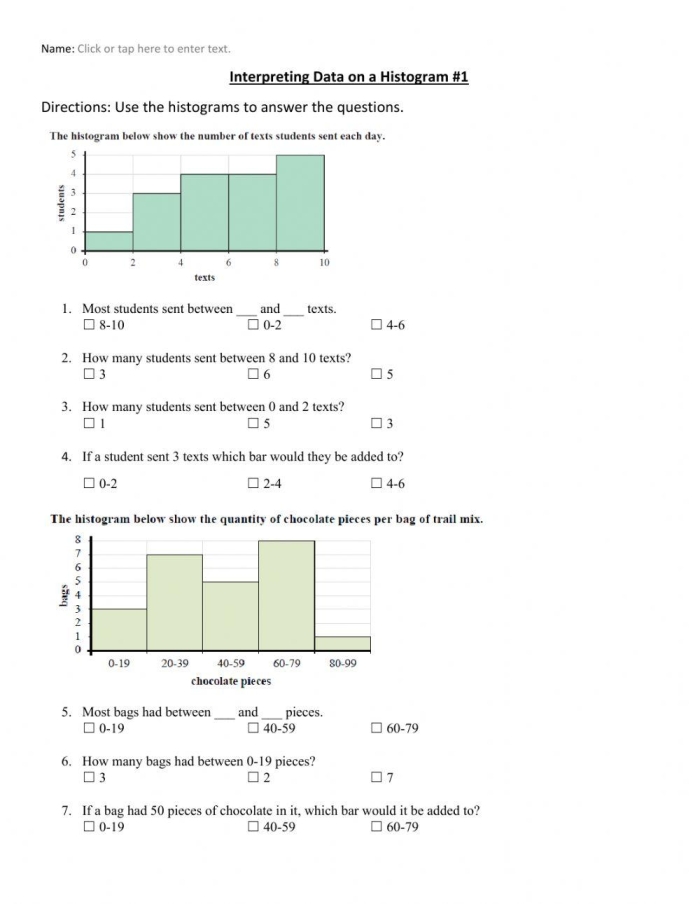 Sixth grade math worksheet for describing distributions in histograms using rational numbers