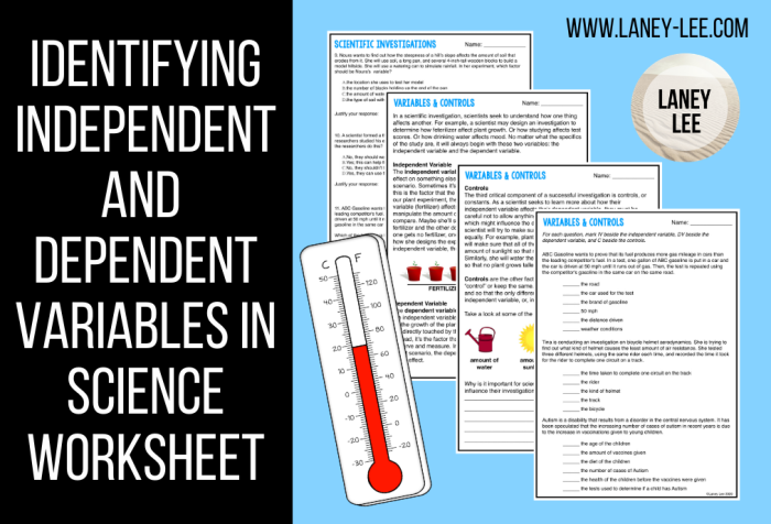 Worksheet for identifying independent and dependent variables in various scenarios