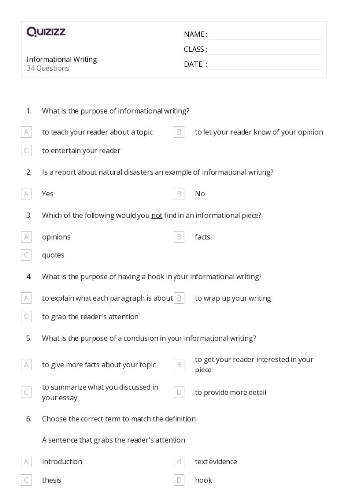 Draft an Outline Informational Writing Worksheet 19 Sixth grade worksheet showing a structured five-page outline for informational essay writing