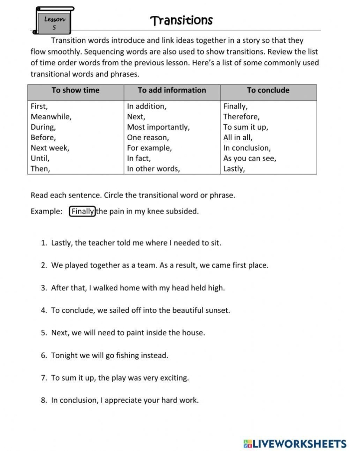 Transition Words in Informational Writing worksheet for sixth graders focusing on grammar skills