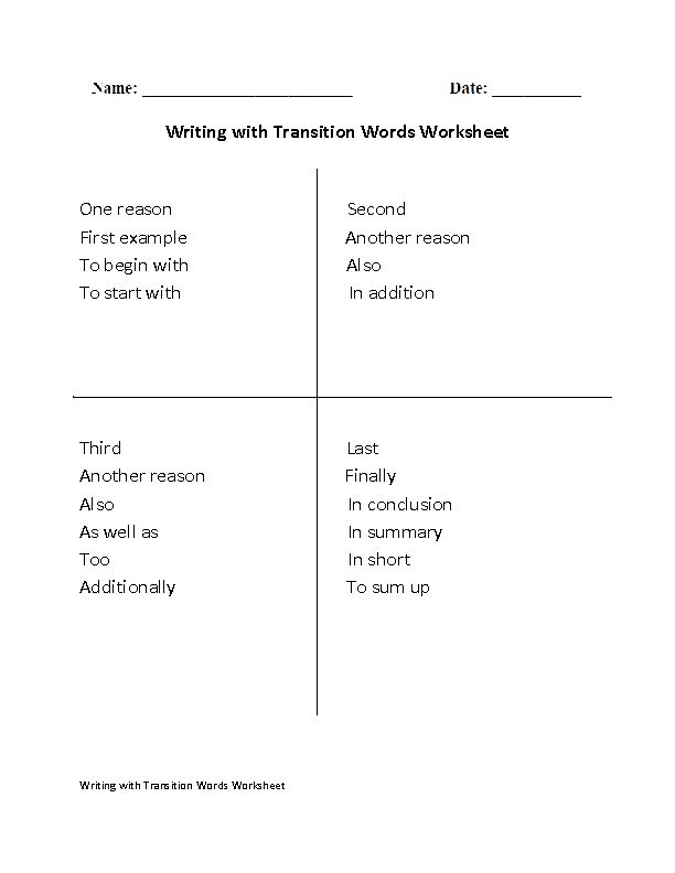 Transition Words worksheet for sixth graders focusing on informational writing practice