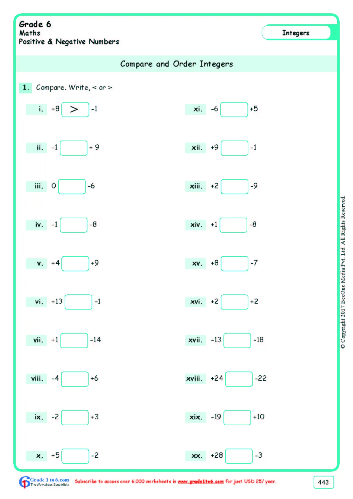Compare and Order Integers Part 1 Sixth Grade Number Theory Worksheet 12 Sixth grade students practicing comparing and ordering positive and negative integers on a worksheet