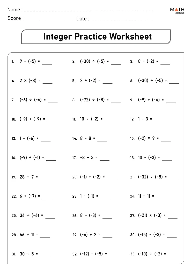 Colorful worksheet on integers for sixth graders exploring their use in mathematics