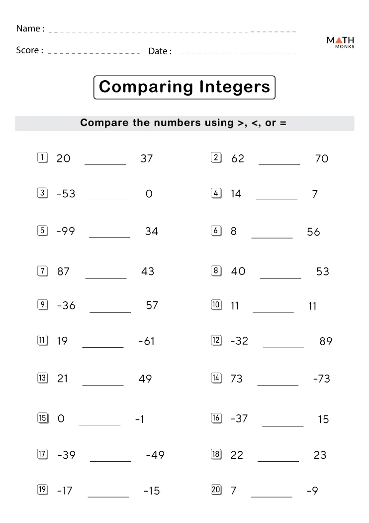 Compare and Order Integers Part 1 worksheet image 8 Worksheet for comparing and ordering integers for sixth-grade students