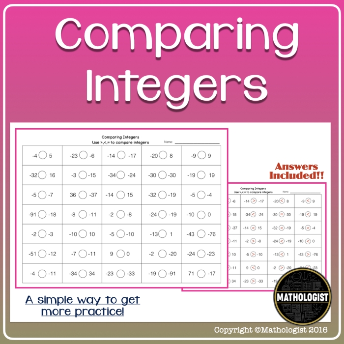 Compare and Order Integers Part 1 Worksheet - Image 4 Worksheet for comparing and ordering integers, featuring positive and negative numbers for sixth graders