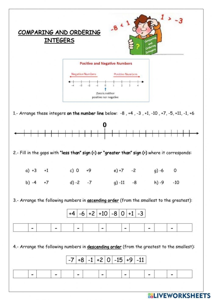 Compare and Order Integers Part 1 worksheet for enhancing number theory skills Worksheet for comparing and ordering integers, featuring positive and negative numbers for sixth graders