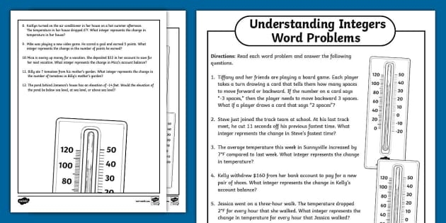 Worksheet showcasing sixth graders solving real-world word problems with integers