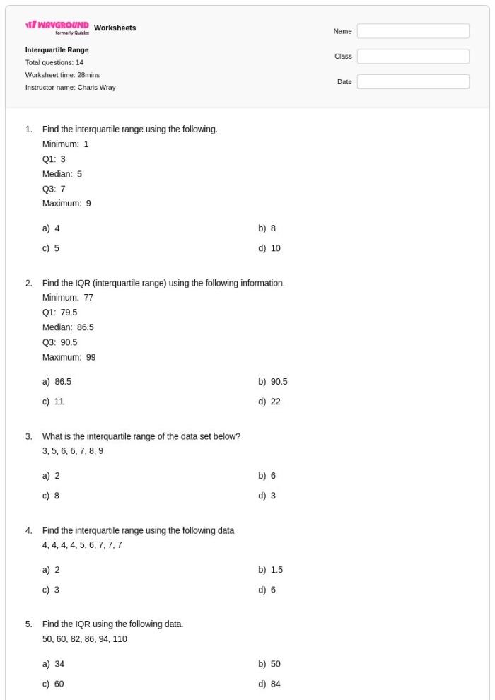 Practice worksheet showing interquartile range calculations for middle school statistics learning Sixth grade student solving interquartile range problems on a statistics worksheet with data sets and number lines