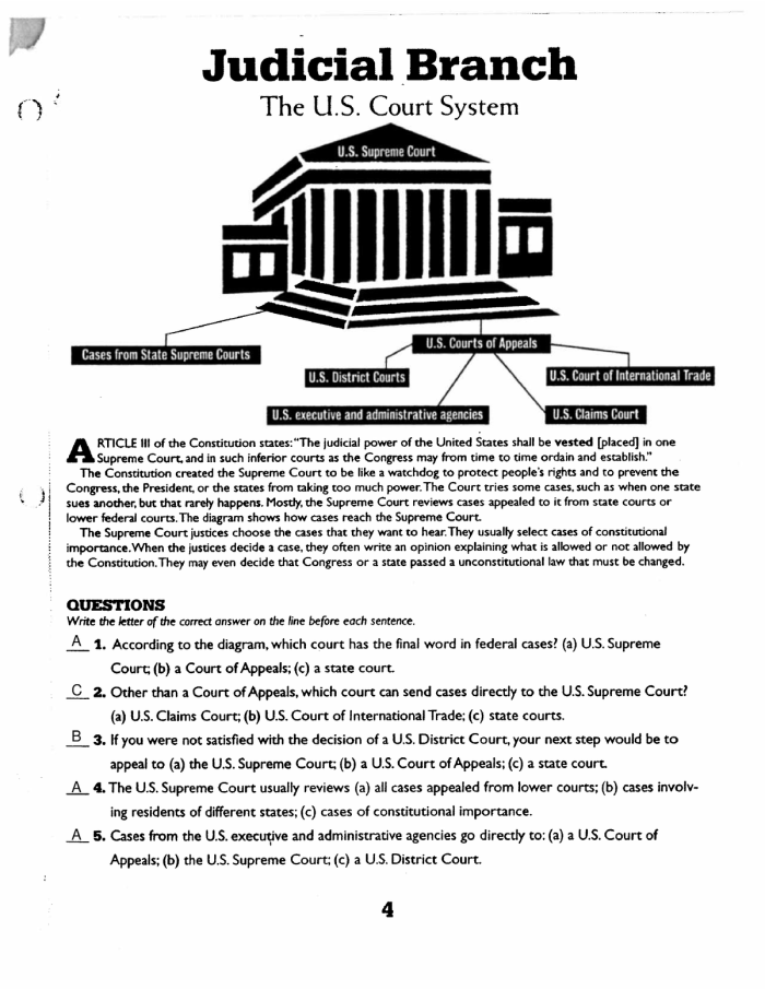 Sixth grade students completing a worksheet about the Supreme Court and judicial branch of government