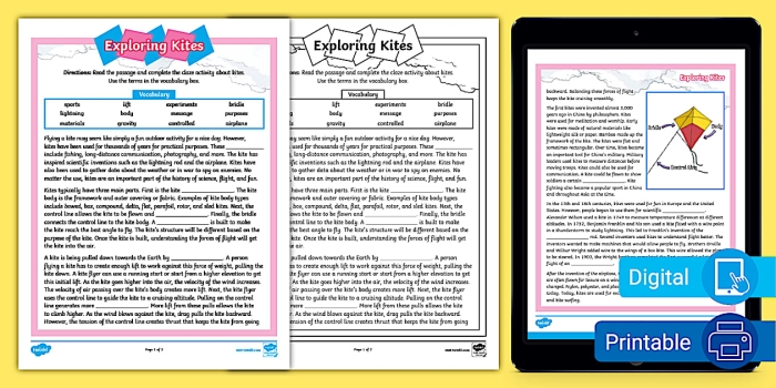 Informational reading comprehension worksheet featuring the history of kites for sixth-grade students