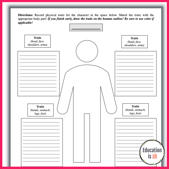 Sixth grade character analysis graphic organizer worksheet for literature studies
