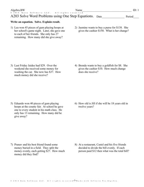 Sixth grade student working on a Write and Solve Equations From Word Problems math worksheet