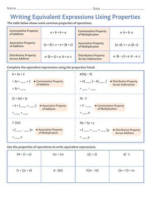 Sixth grade math students practicing writing equivalent expressions using addition and multiplication properties on a worksheet
