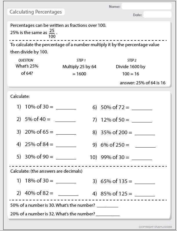 Worksheet for sixth graders focused on calculating percentages in math