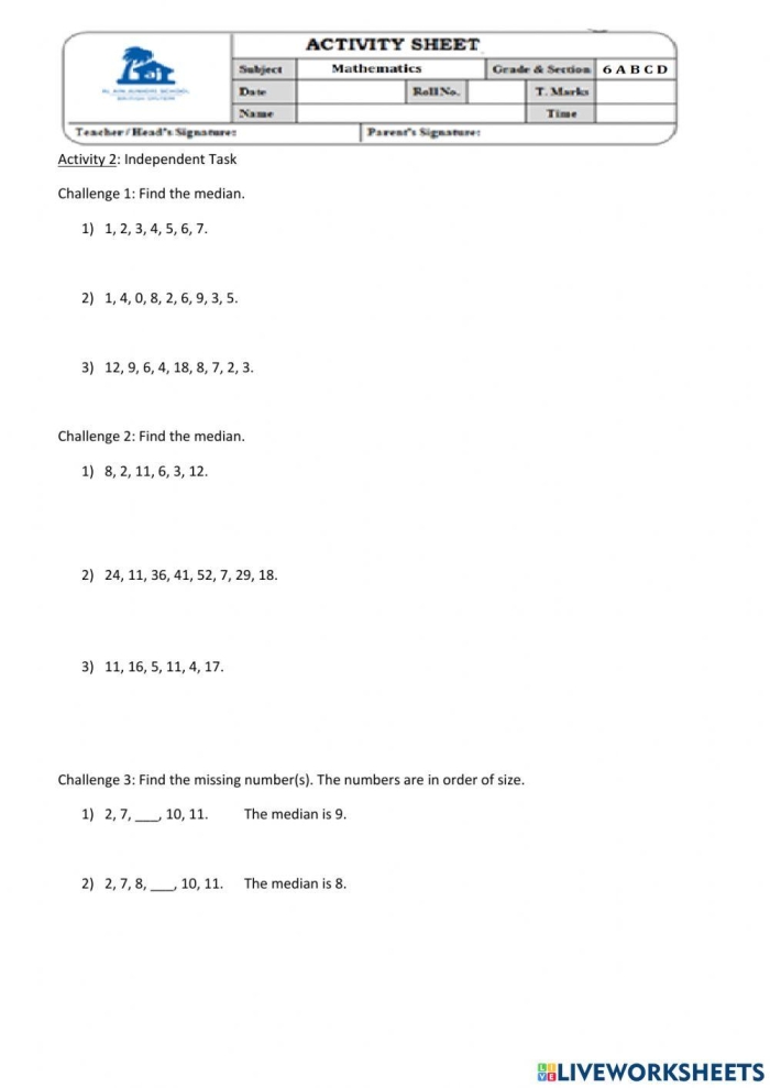 Sixth grade math worksheet for practice finding the median of data sets 13