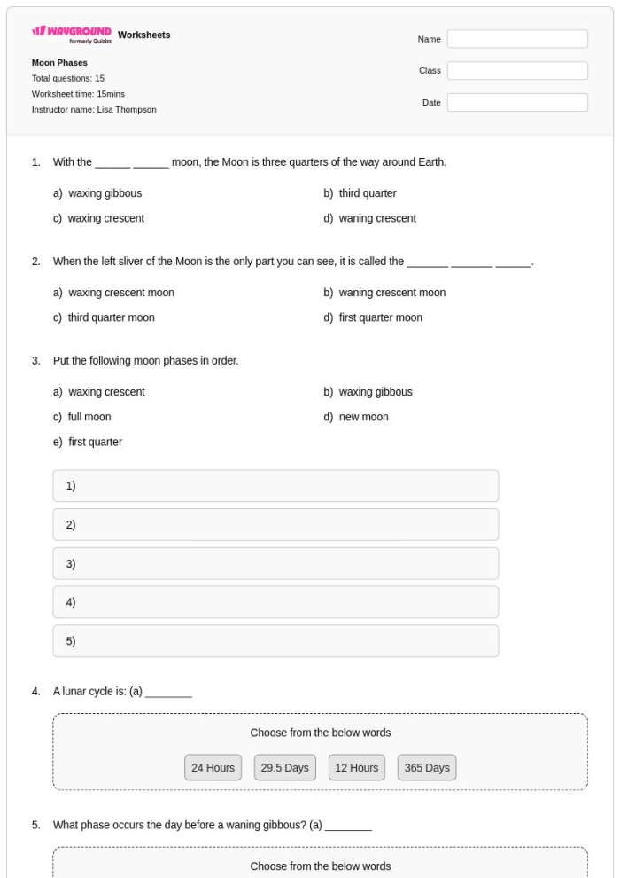 Sixth grade science worksheet illustrating the different phases of the moon in the Earth-Sun-Moon system