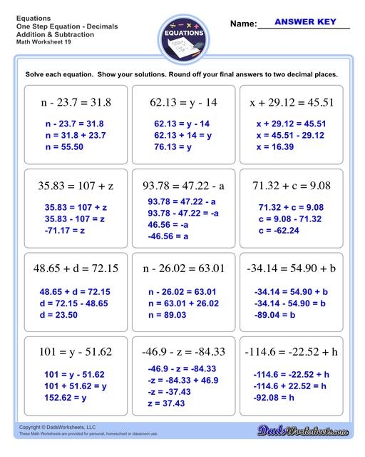 Worksheet featuring one-step multiplication and division equations for sixth graders