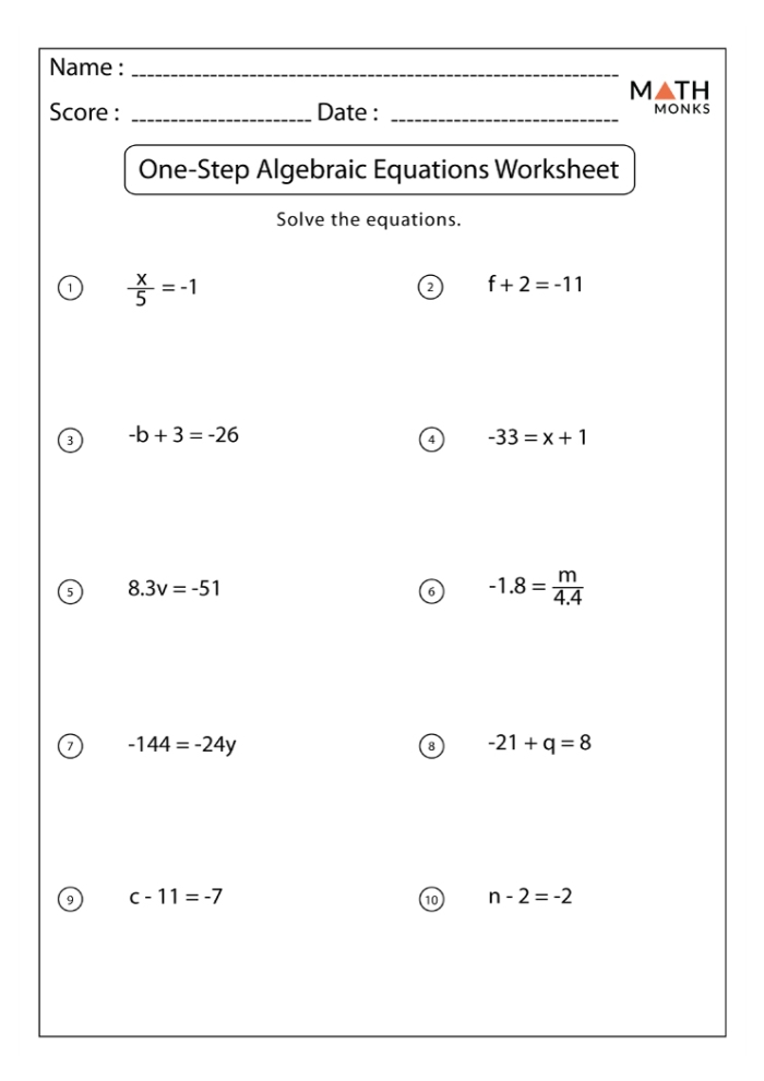 Worksheet featuring one-step multiplication and division equations for sixth graders