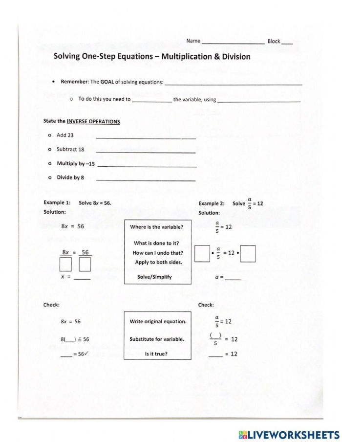 Worksheet for solving one-step multiplication and division equations for sixth graders
