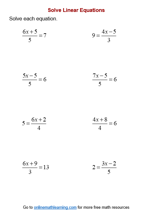 Sixth grade student solving one-variable equations on a math practice worksheet with multiple problems