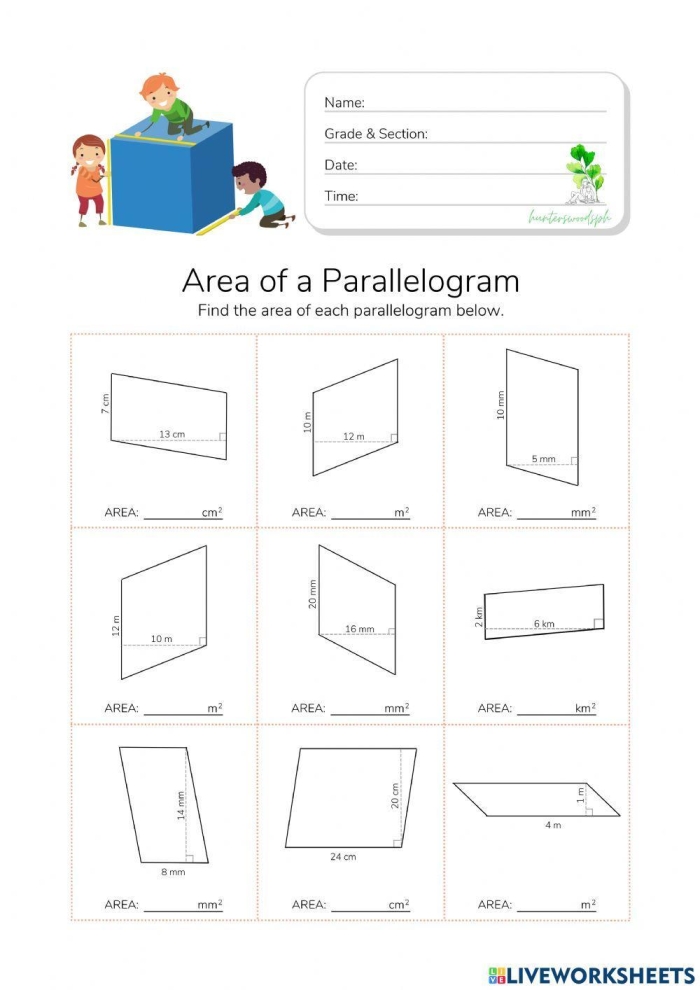 Worksheet showcasing the area calculation of various parallelograms for sixth graders
