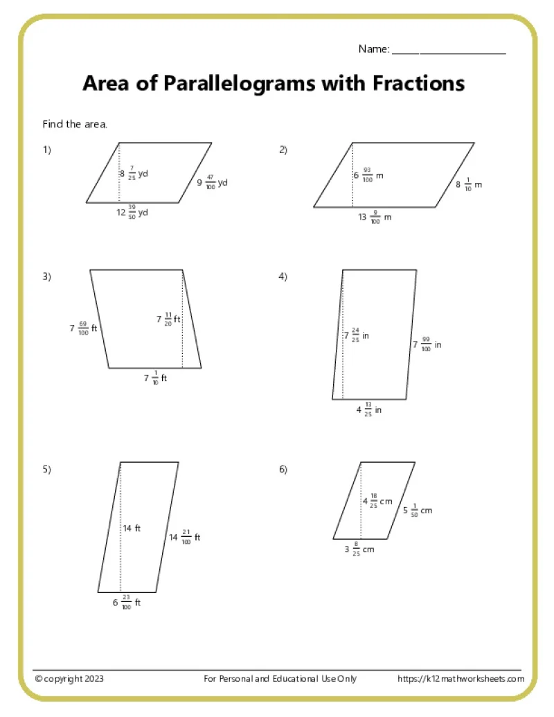 Sixth grade geometry worksheet featuring various parallelograms for area calculation practice