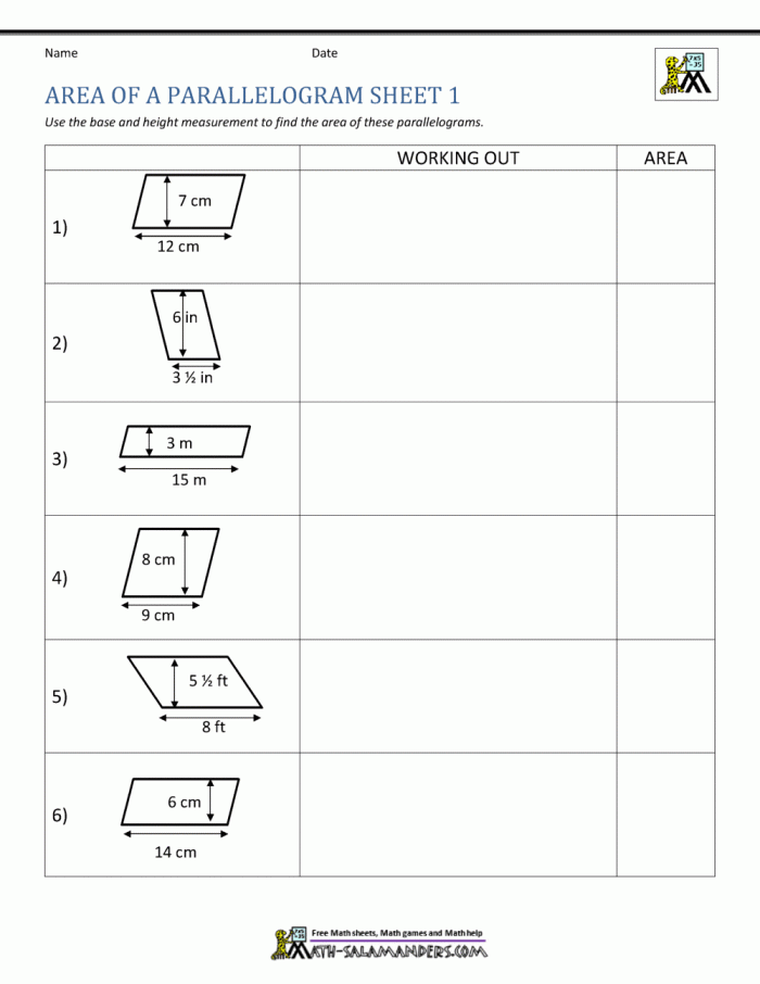 Worksheet featuring various parallelograms for area calculation practice