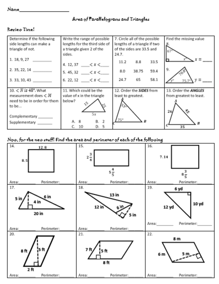 Sixth grade geometry worksheet featuring multiple parallelogram shapes for area practice