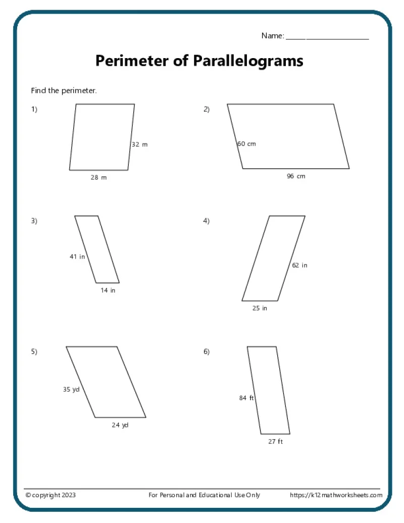 Sixth grade student solving area of parallelograms math problems on a geometry worksheet