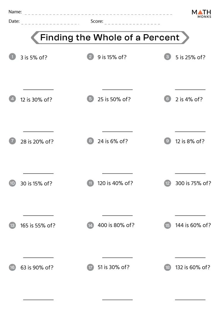 Sixth grade math worksheet focused on finding the whole value using percentages