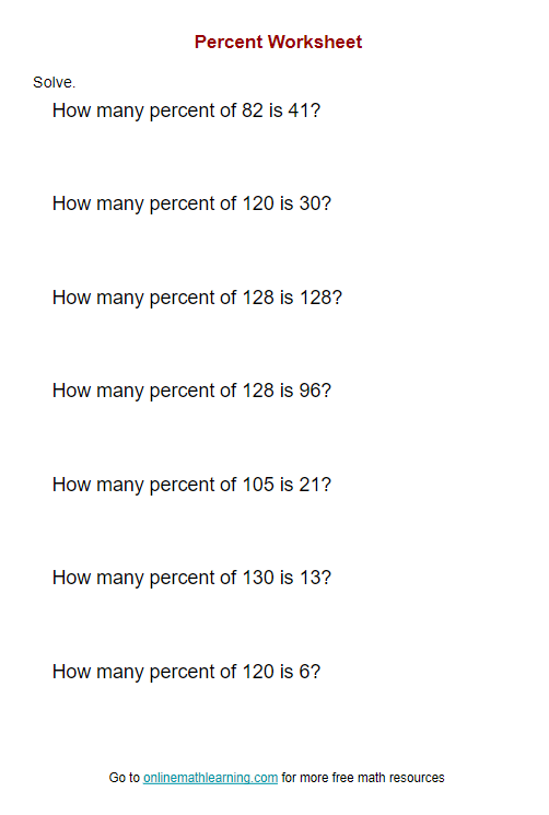 Worksheet for sixth graders on calculating percentages in math