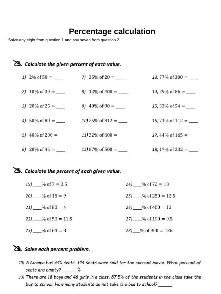 Sixth grade students solving percentage calculation problems on a practice worksheet with multiple examples