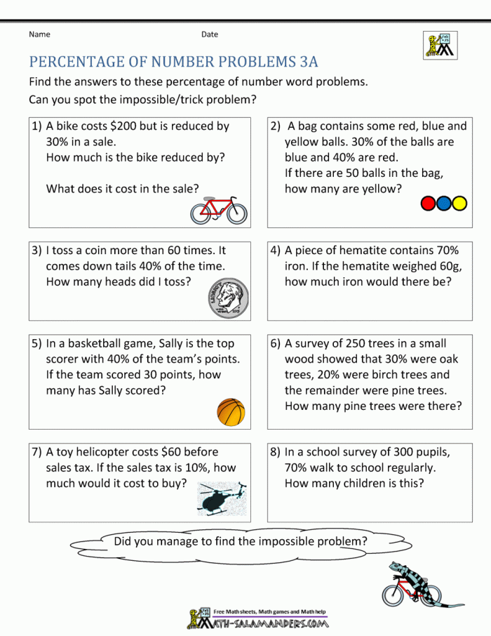 Sixth grade student worksheet for calculating percentages part one