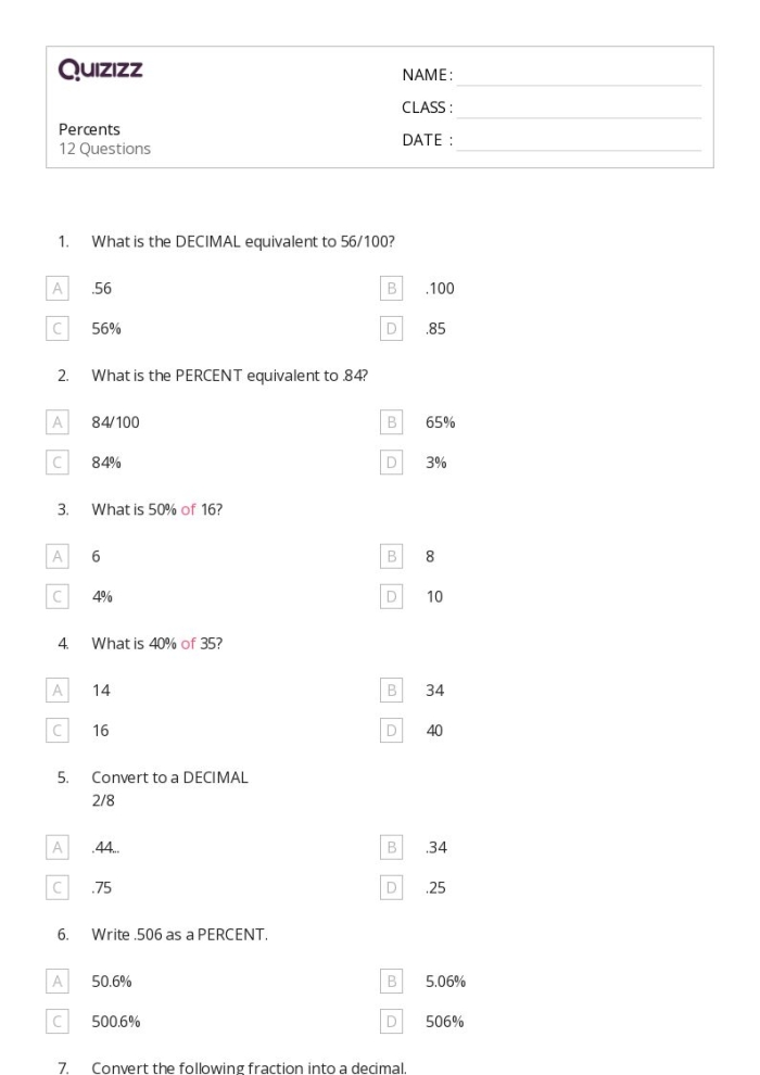 Sixth grade math worksheet explaining how to write percents and their relationship to fractions and decimals