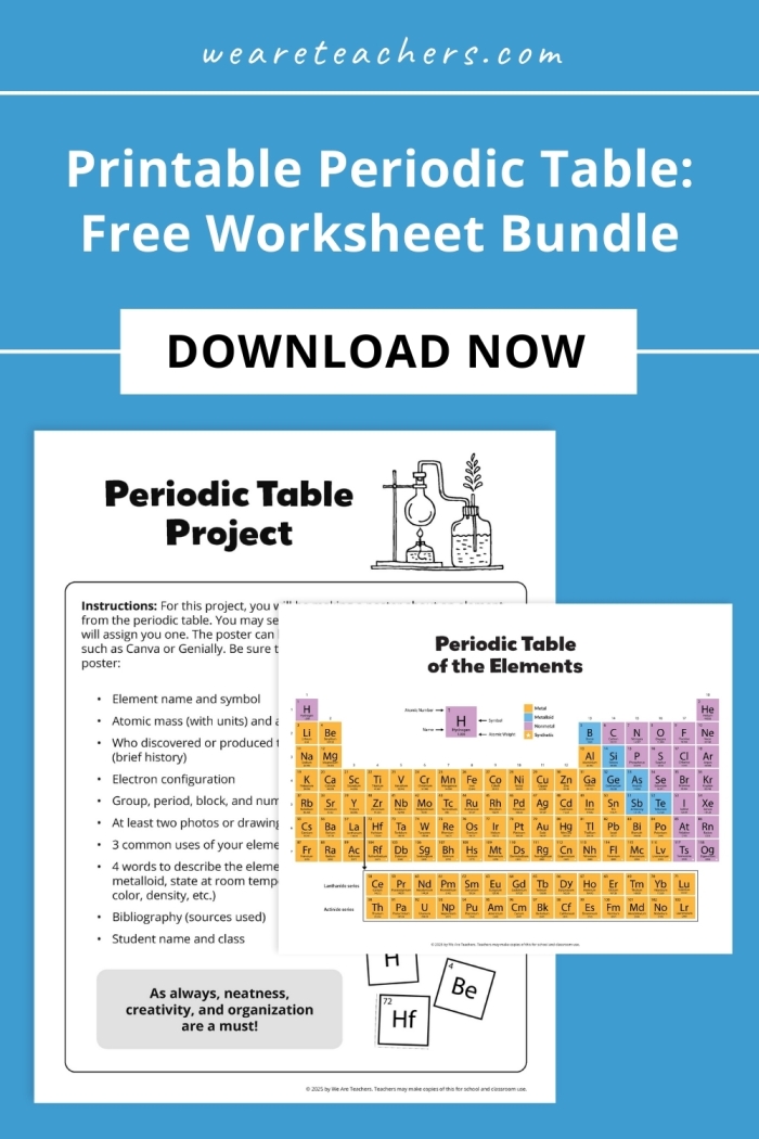 Sixth grade science students studying elements with a free printable periodic table worksheet