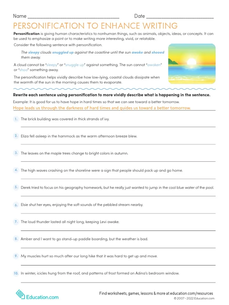 Personification Writing Practice Activity for Middle School Students Sixth grade students rewriting sentences with personification techniques on a practice worksheet