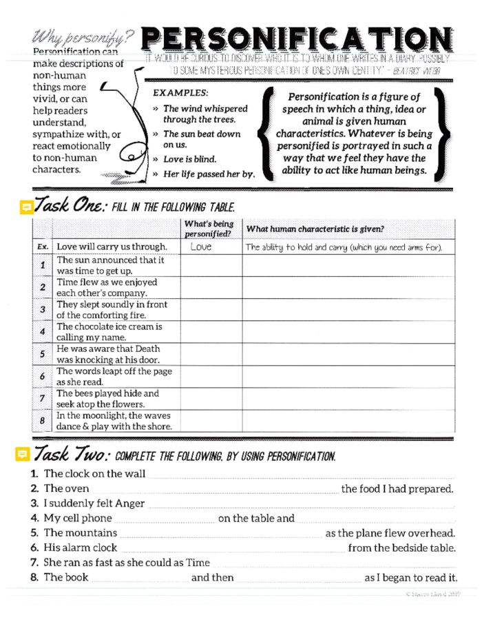 Personification Writing Practice Exercise for Middle School Students Sixth grade student worksheet showing examples of personification techniques for creative writing practice