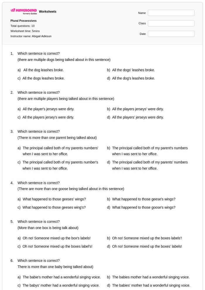 Spelling worksheet focusing on plurals and possessives for sixth graders