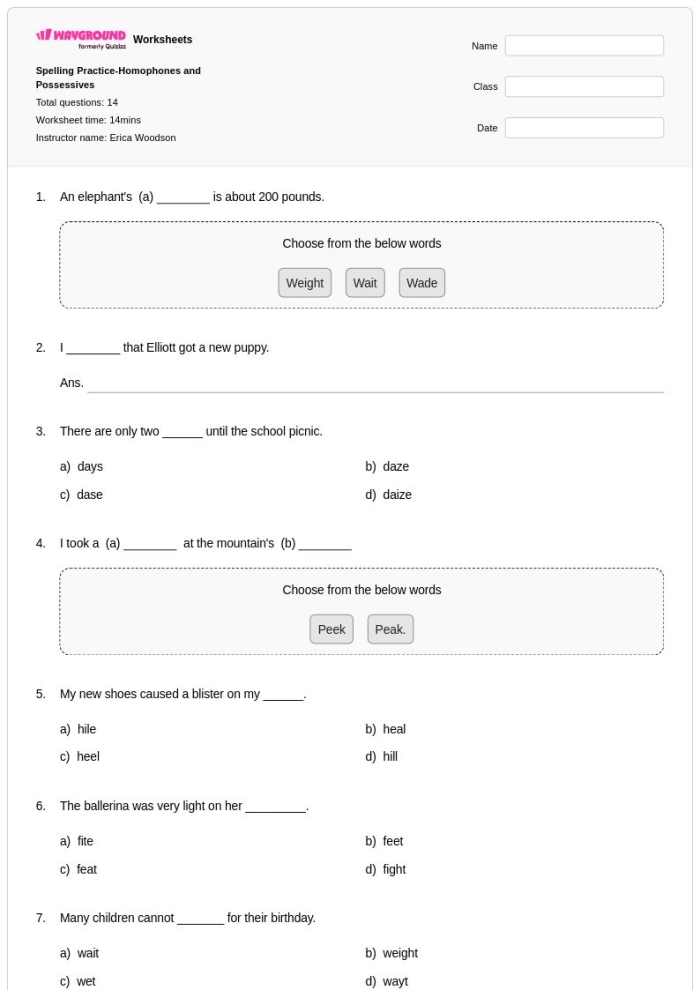 Spelling with Plurals and Possessives worksheet for sixth graders focusing on grammar skills