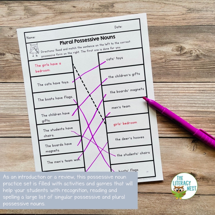 Spelling worksheet focusing on plurals and possessives for sixth graders