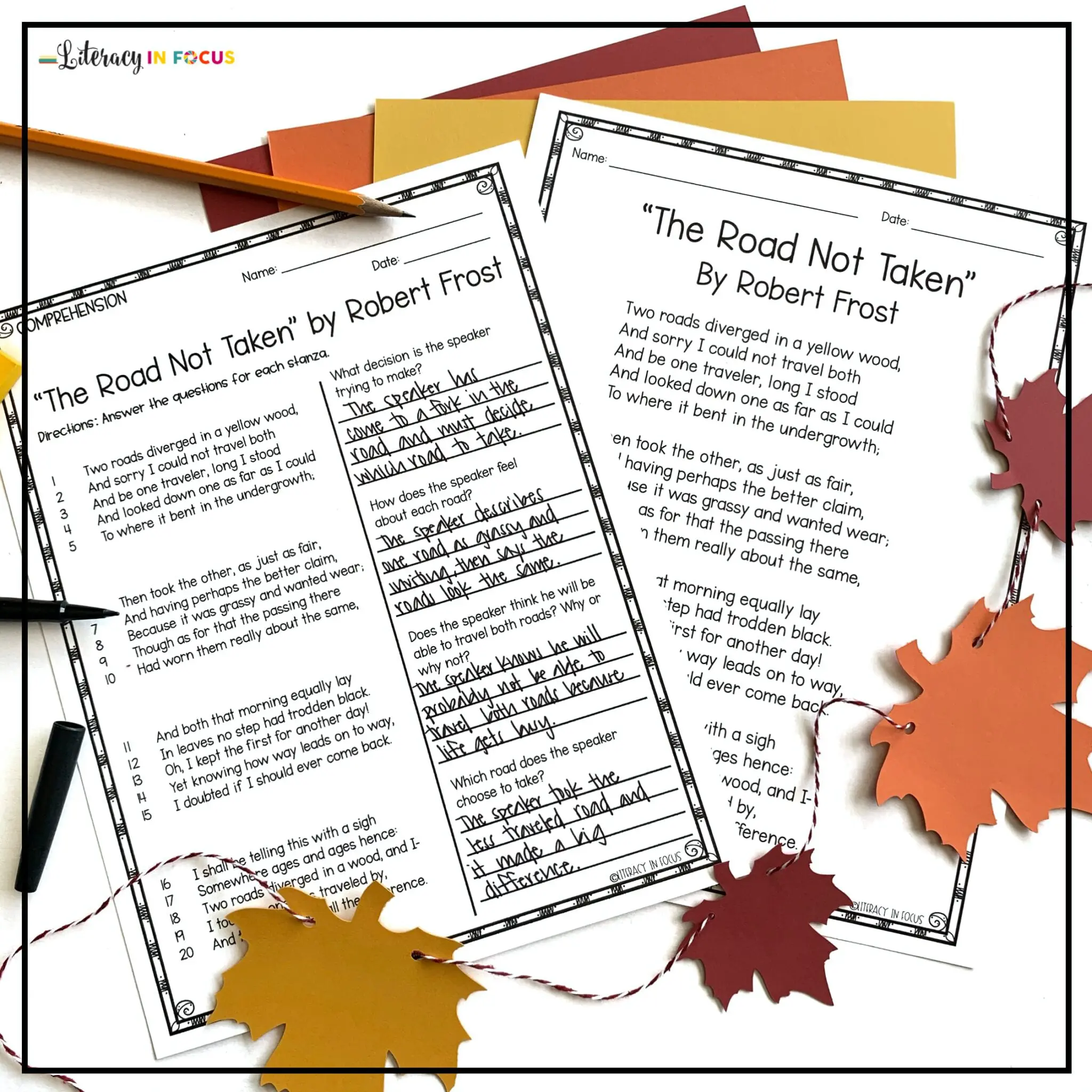 Reading comprehension worksheet for Robert Frost's poem "The Road Not Taken