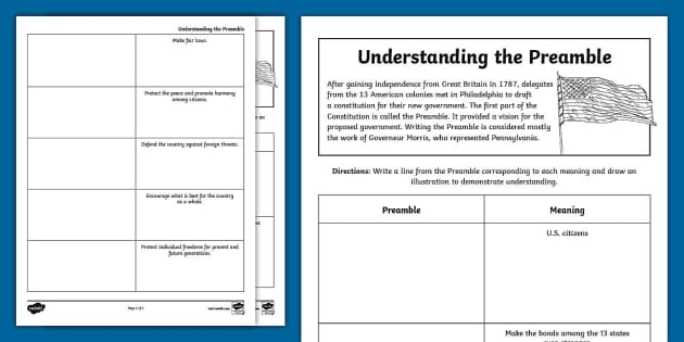 Sixth grade students analyzing the Preamble of the United States Constitution during a history lesson