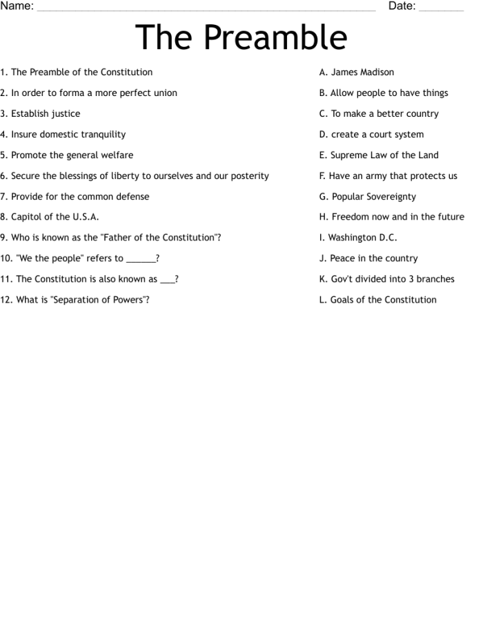 Students working on a worksheet about the Preamble of the United States Constitution